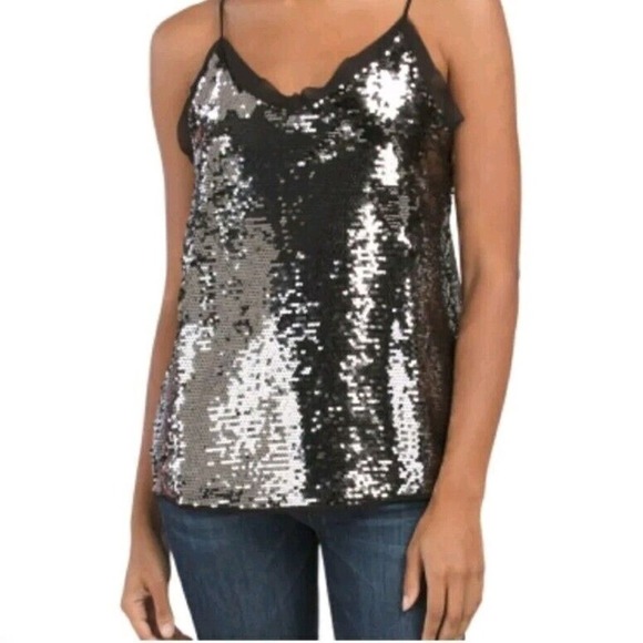 Wd NY SEQUIN Cami Tank Top Womens Medium Spaghetti Straps Silver Black Raw Hem - Picture 1 of 13